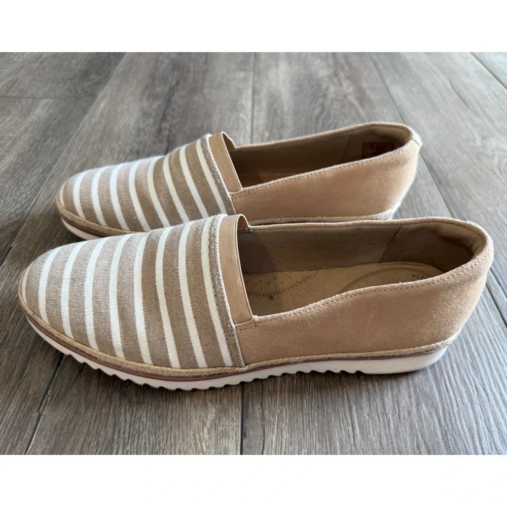Clarks Collection Womens 10 Tan White Striped Canvas Suede Slip On Loafers